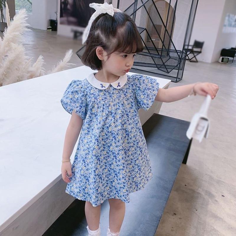 Летнее платье с цветочным принтом для маленьких девочек, милые платья с рукавами-лепестками и вышивкой, трапециевидные платья принцессы с воротником Питера Пэна, детская одежда, От 3 до 8 лет