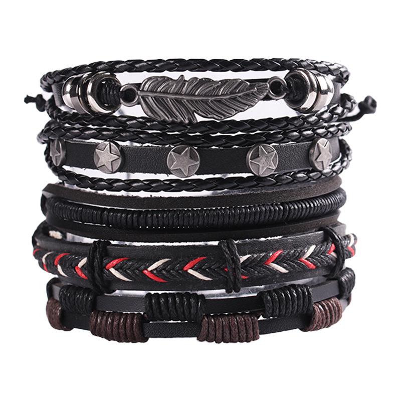 Retro Men's 5-Piece Adjustable Cross-Woven Leather Bracelet Set - National Style