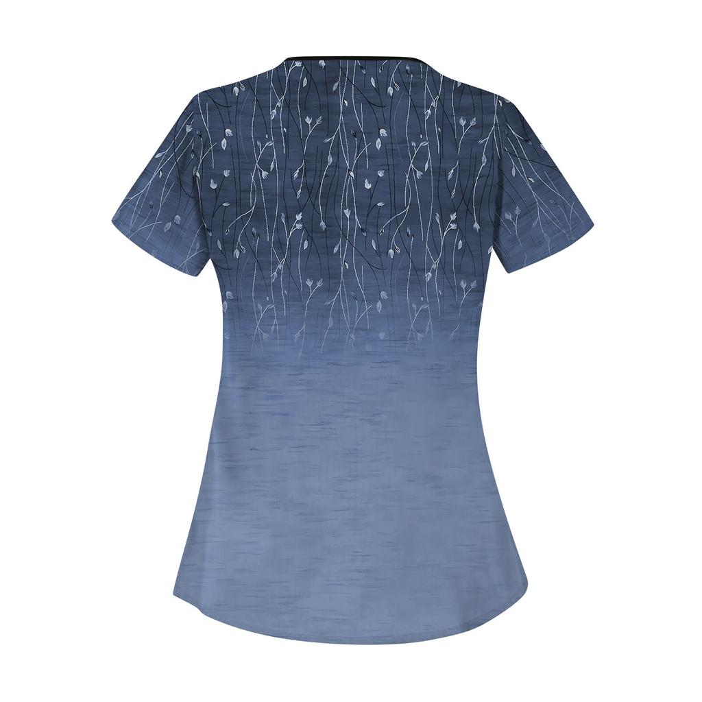 Женская повседневная рабочая одежда с цветочным принтом и коротким рукавом с наклонным воротником и двойными карманами