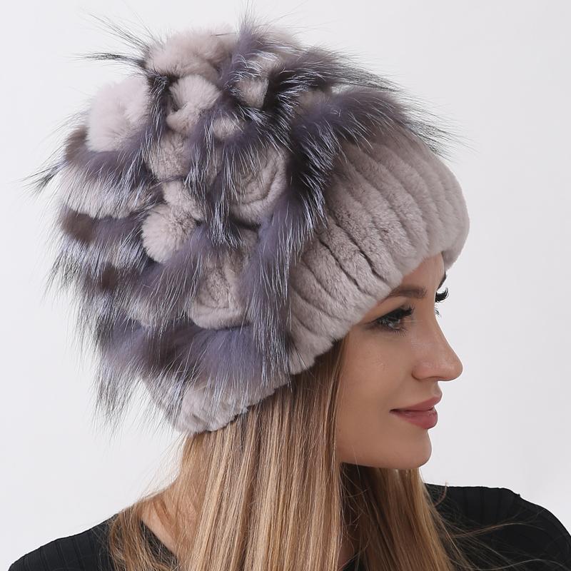Цветочная меховая шапка из кролика Зимняя женская модная стильная теплая шапка из натурального меха