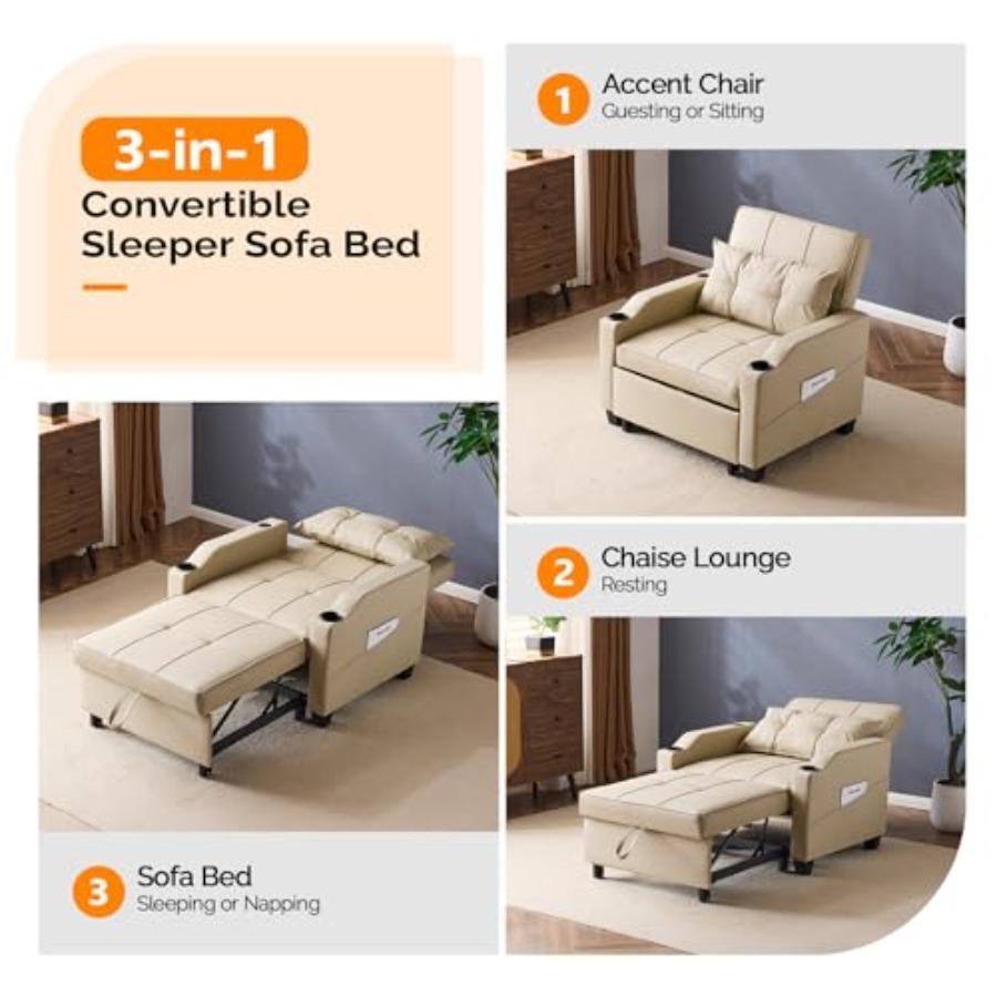 Sofa Bed Chair Recliner, 3-in-1 Convertible Sleeper Sofa Chair Bed Beige Daybed Pull Out Couch Bed with Adjustable Backrest, US