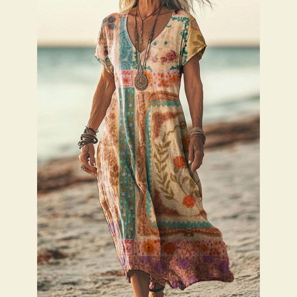 Bohemian Retro Print Raglan Sleeve Summer Maxi Dress