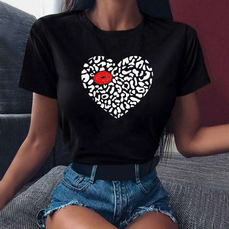 Футболка с принтом розовых леопардовых губ, модная женская футболка, женская белая и черная футболка, футболка с коротким рукавом, женские топы в стиле Харадзюку