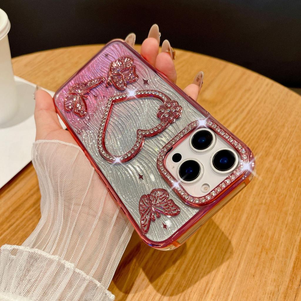 For IPhone 16 Promax Sparkling Diamond Phone Case for Apple 15 Love Butterfly 14 Gradient Sparkling Pink Soft Case
