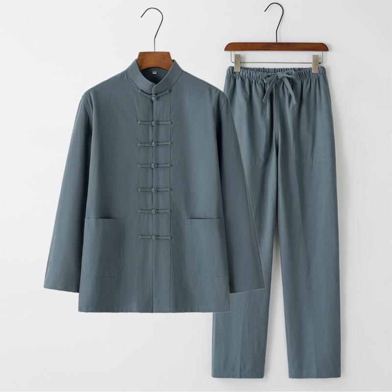 Men's Chinese Style Long-Sleeve Tang Suit Set with Frog Buttons - Retro Tea & Tai Chi Two-Piece