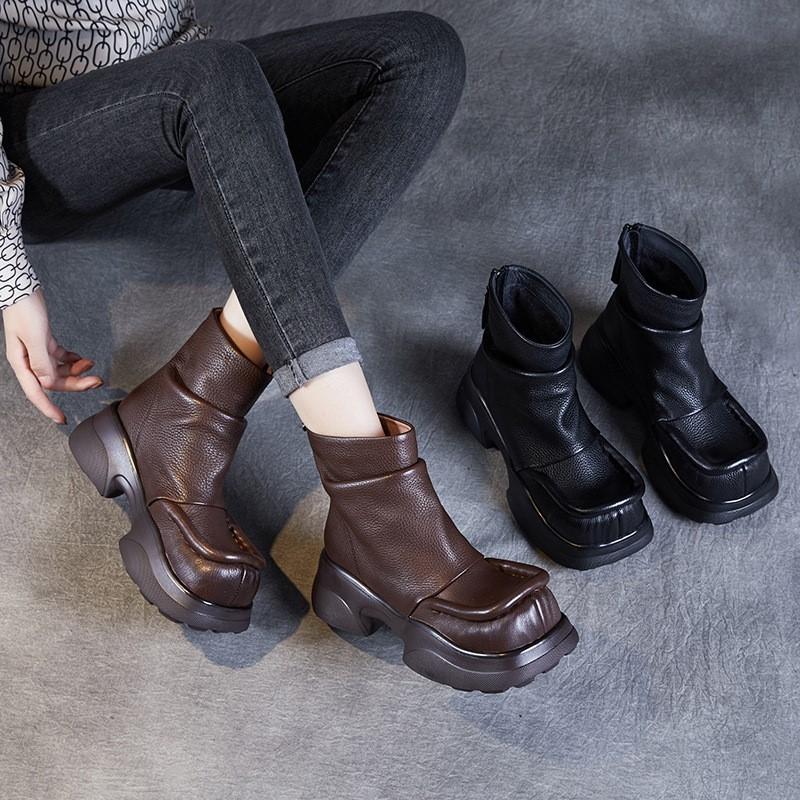 Johnature Короткие ботинки из натуральной кожи на толстом каблуке и толстой подошве, женские туфли на платформе в стиле ретро с круглым носком, ботильоны