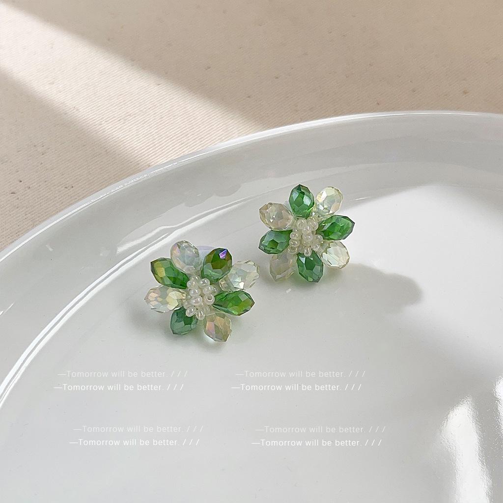 Green Floral Earrings - Japanese Korean Sweet Tea Series, High-End Whitening Ear Accessories