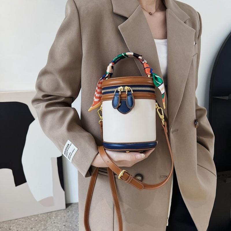 Цветной блок, цилиндрическая сумка-ведро на плечо, украшение шарфом, маленькая сумка с верхней ручкой, стильная сумка-кроссбоди для женщин