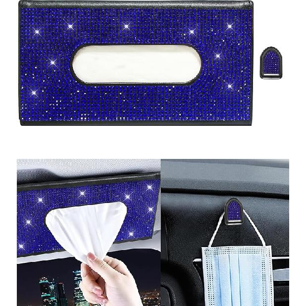 Bling Car Sun Visor Tissue Box Holder,PU Leather With Bling Crystal Rhinestones Tissue Holder,Car Accessories For Women (Black)