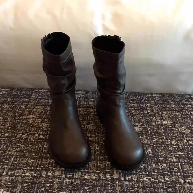 Модная обувь для женщин 2024 года, высококачественные женские сапоги без застежек, модные современные сапоги с пряжкой на ремне, женские новые сапоги до середины икры с круглым носком