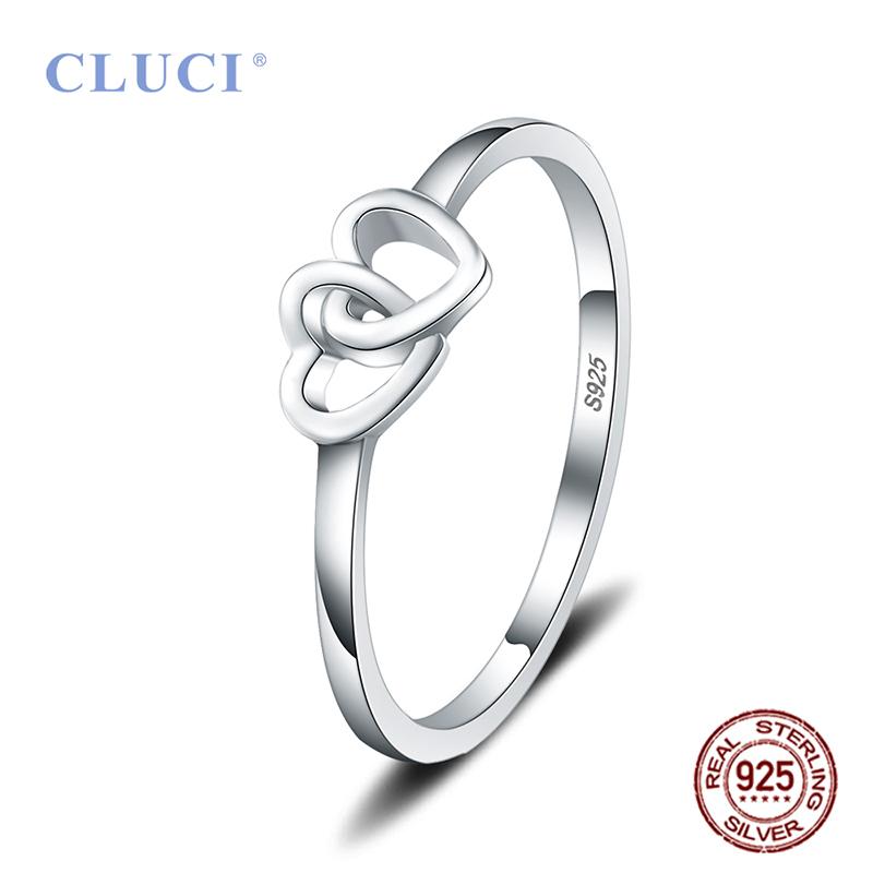 CLUCI Кольцо с двойным сердцем из серебра 925 пробы, романтическое, для годовщины, простой дизайн, женское обручальное кольцо, подарок, ювелирное изделие DR1004SB