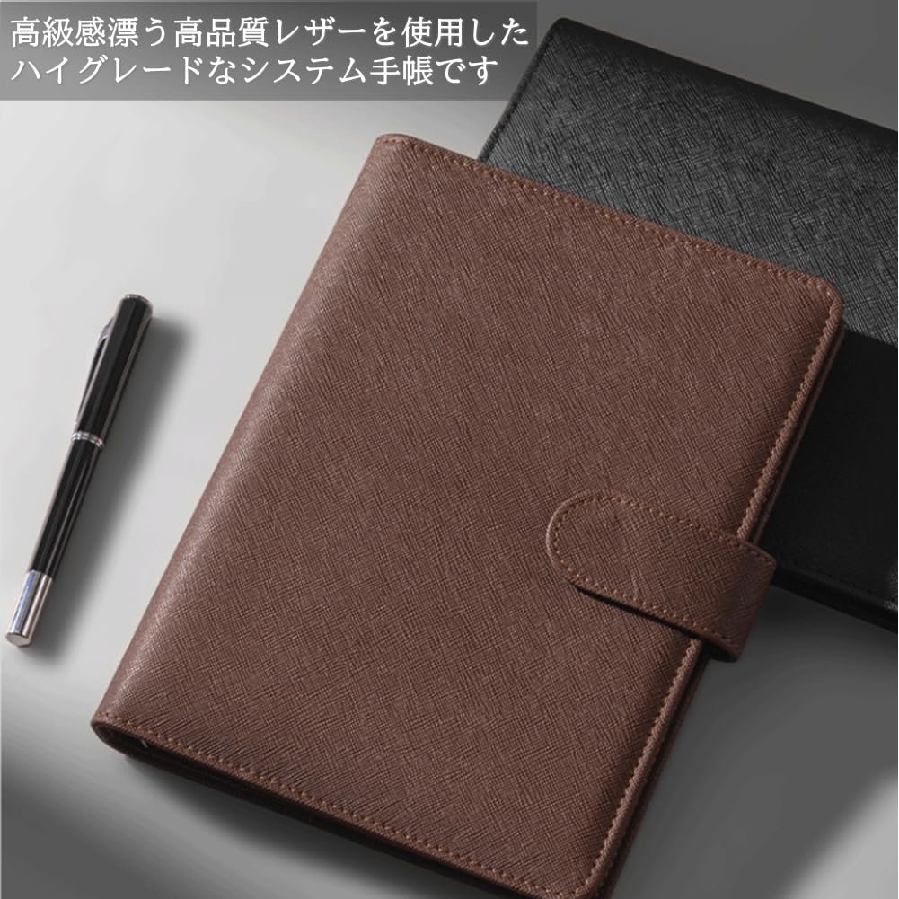 Кожаный бизнес-планер формата А5 на кольцах с магнитной кнопкой, 100 листов 6-отверстной бумаги, держателем для ручки и карманом для карточек, (черный)