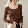 Spring Long Sleeved Slim Fit Base Shirt Button Down T-shirt Top For Women