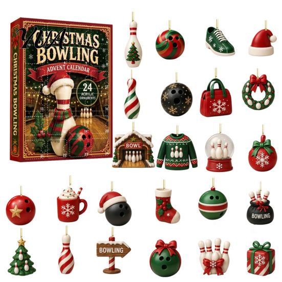 Reusable Acrylic Pendant Set Christmas Advent Calendar with 24 Pendants, 2D Flat Bowling Theme Creative Xmas Party Favors Hanging Ornaments