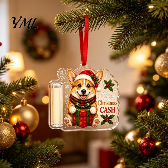 Money Clip for Christmas Tree Cash Gift Holder Ornament, Cute Dog Clear Acrylic Gift, Xmas Hanging Decoration Holiday Party Supplies Favors