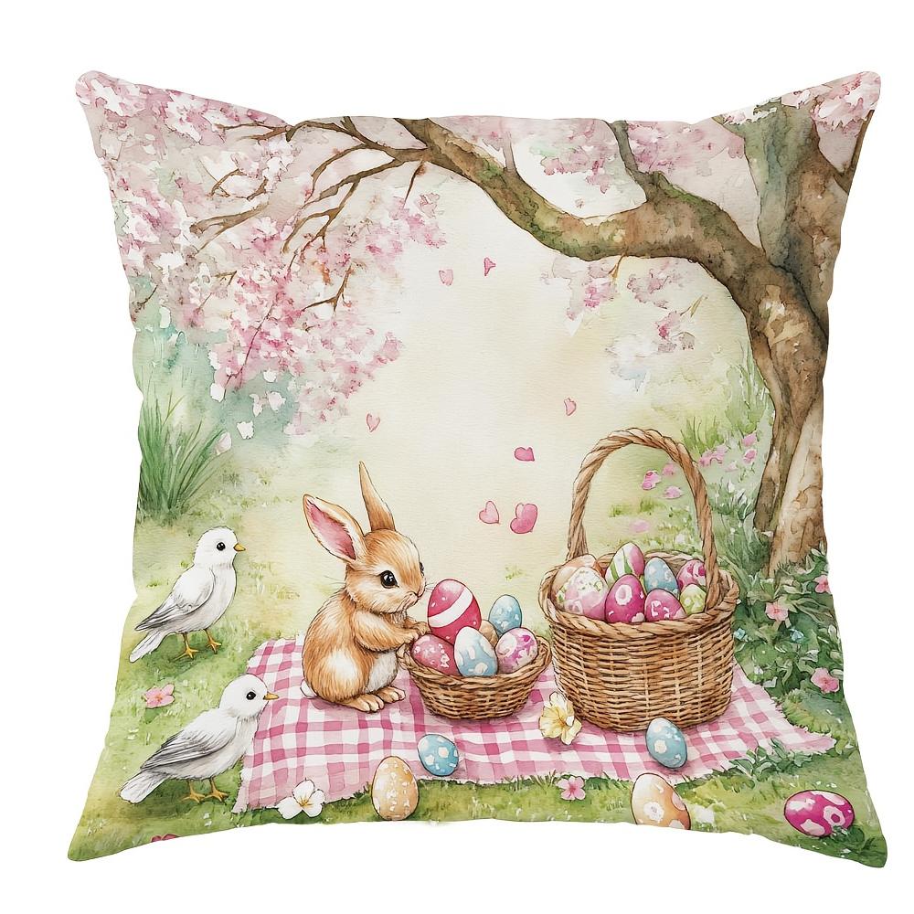 1Pc Easter Decor Bunny Egg Flower Pillowcase Cute Funny Brown Pink Green Soft Comfortable Double Sided Printed Spring Decor