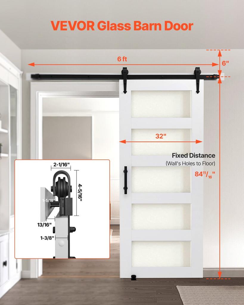 Sliding Barn Door, 813 x 2134mm, High-Strength MDF Panel and Glass, Barn Door with Hardware Kit, Water-Proof PVC Surface, Easy to Install, H-Frame,