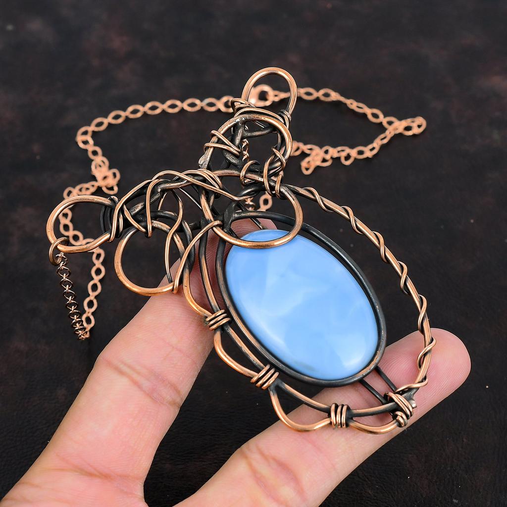 Ожерелье с голубым опалом Оуайхи, обернутое медной проволокой, ожерелье с регулируемой цепочкой, ювелирные изделия из меди с драгоценными камнями, ожерелье ручной работы, подарки на помолвку