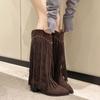 Ladies Knee-high Boots 2024 New Autumn Winter Fashion Women's Fringe Boots Large Size Outdoors Pointed Toe Square Heel Boots