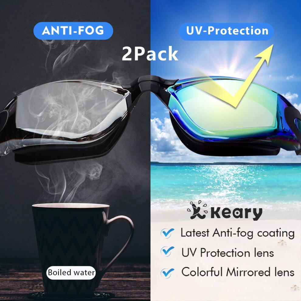 Keary Swim Goggles 2 Pack Anti-Fog Swimming Goggles for Adult Women Men Youth Junior Kids No Leaking UV Protection Waterproof Mirrored Lens Triathlon