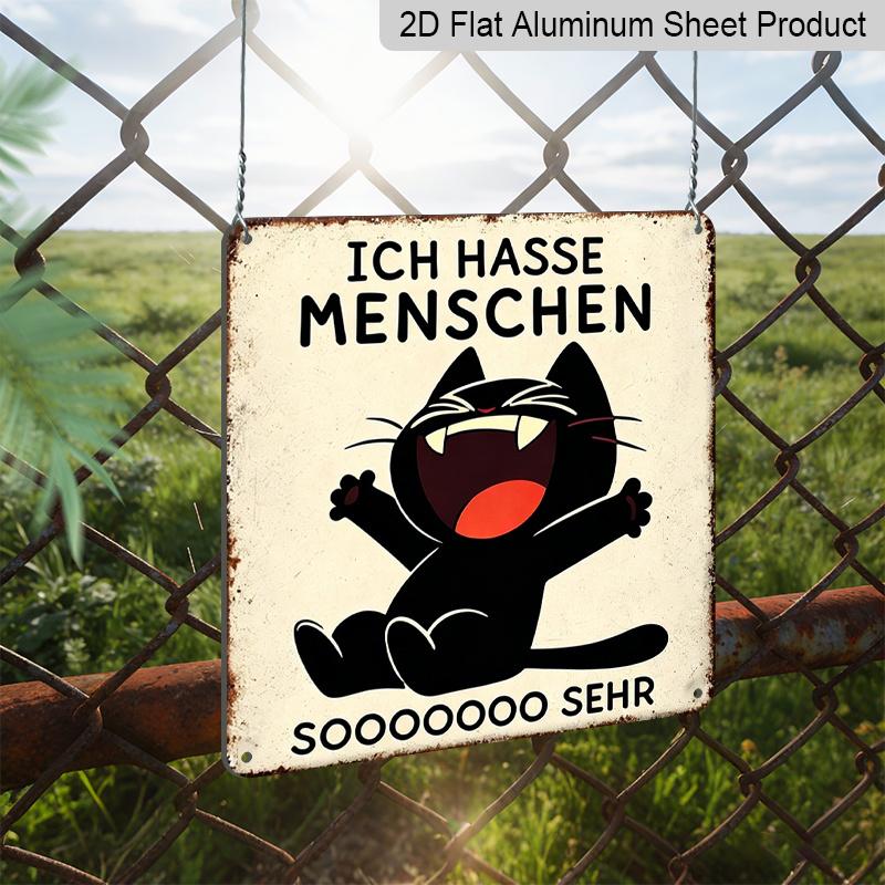 2D Flat, 1pc Vintage Aluminium Metal Sign, Outdoor Decorative Wall Sign, Retro Tin Sign Style, German Cat Humor Decor, "Ich Hasse Menschen", Home