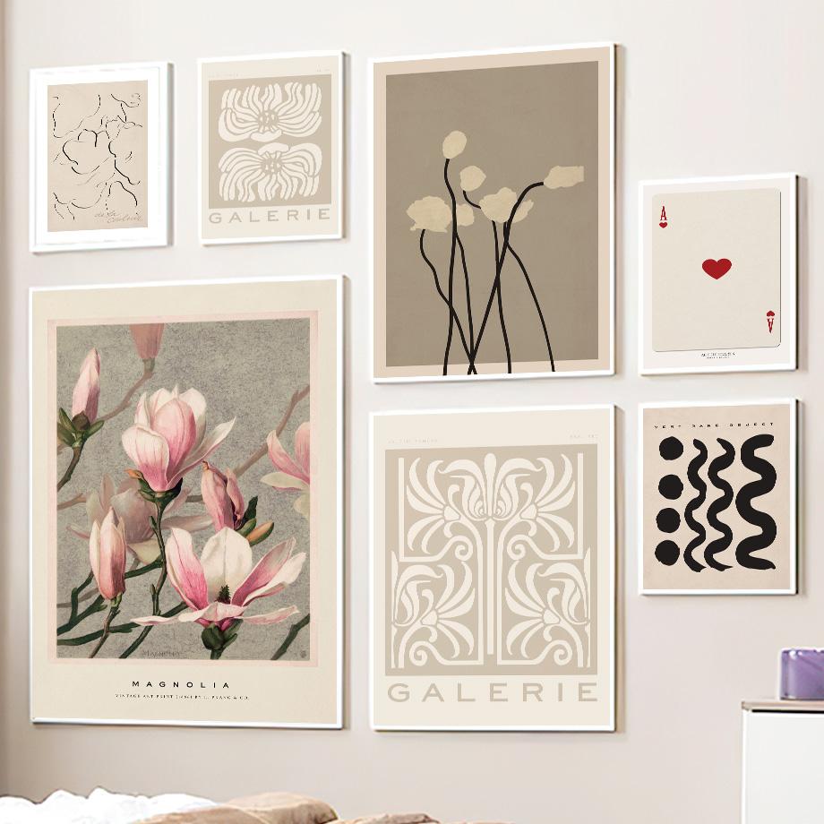 Бежевая абстрактная кривая линия магнолии, цветок, настенная живопись на холсте, постеры на скандинавскую тему и принты, настенные панно для декора гостиной