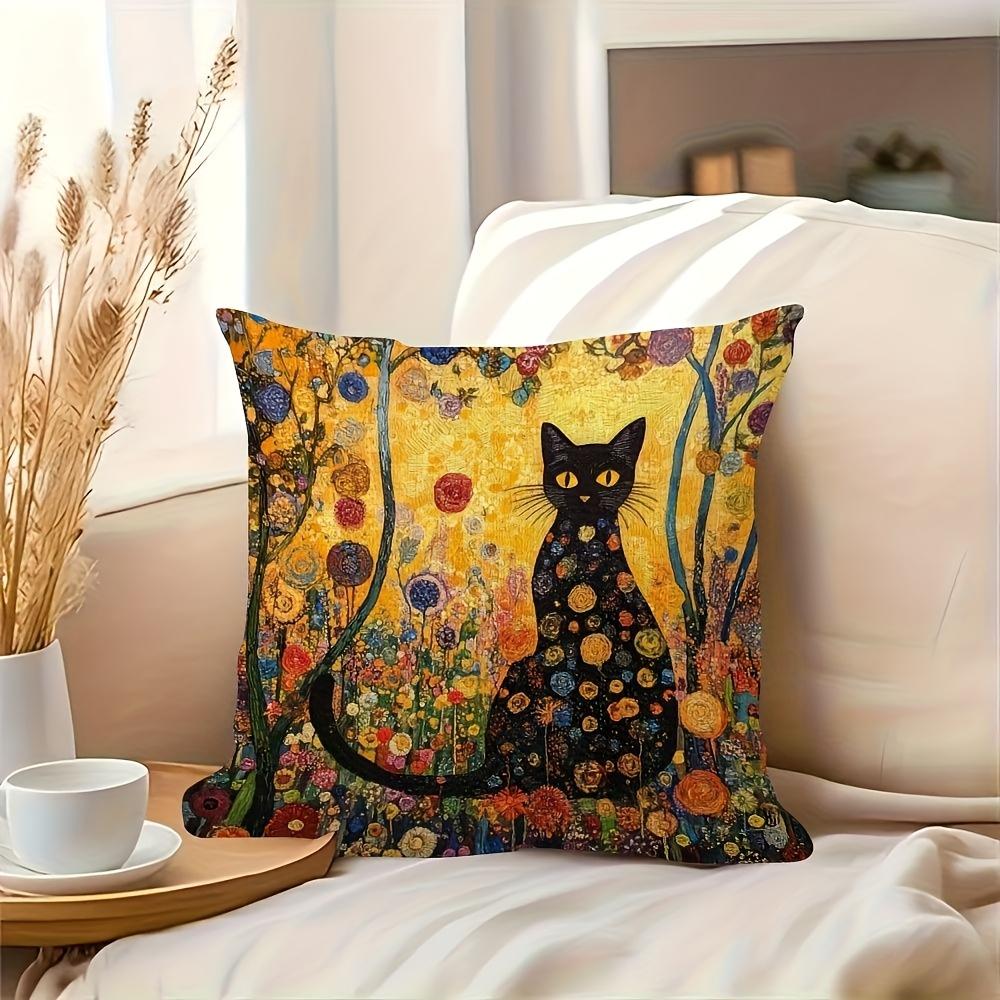 Klimt Style Black Cat Pillow Cover Floral Art Print Cushion Case Boho Vintage Home Decor Gift
