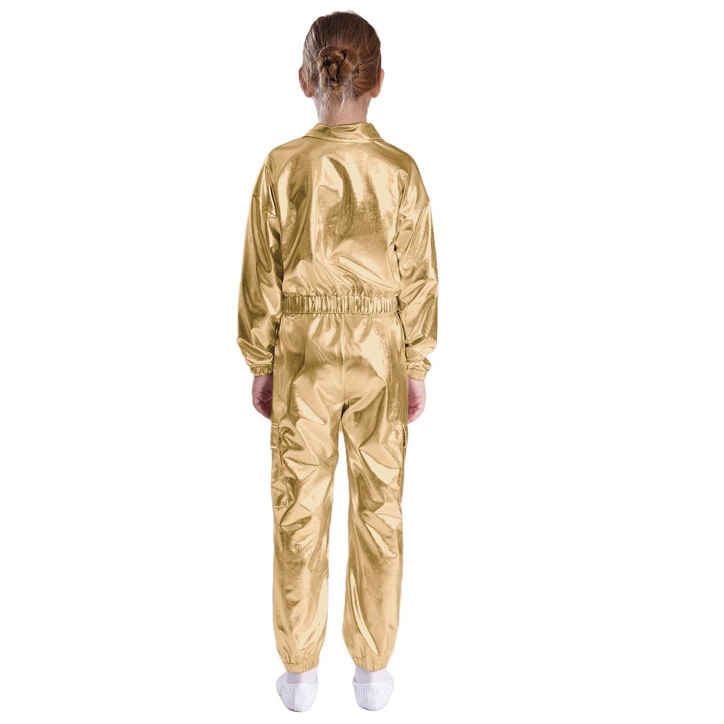 Блестящий танцевальный костюм для девочек и мальчиков, металлическая куртка с отложным воротником и длинными рукавами и блестящие брюки для джазовых соревнований