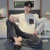 Men's Long-Sleeve Round Neck Korean Style Cotton Pajama Set - Large Size, Spring/Autumn Fashionable Home Wear