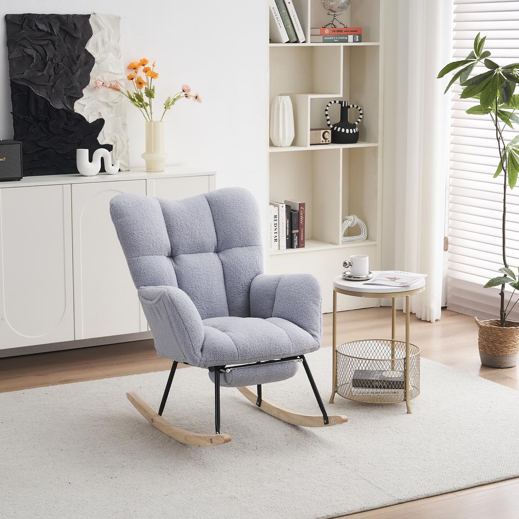 009B New modern rocking chair with upholstery and teddy fabric, with pull-out footrest, grey