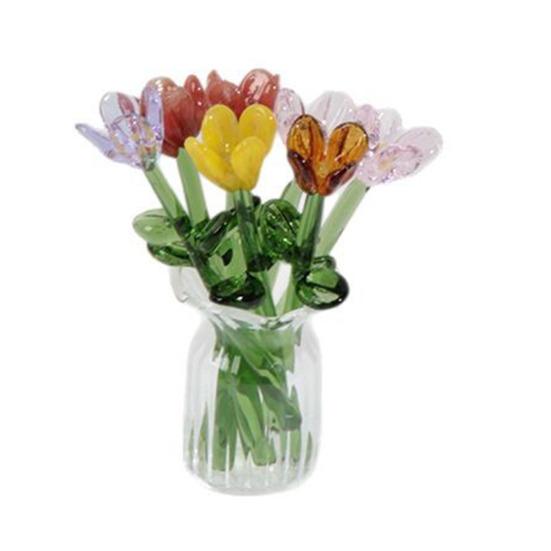 Glass Flower Bouquet with Vase Hand-Blown Mini Flower Decoration Home Living Room Handmade Simulation Floral Ornament with
