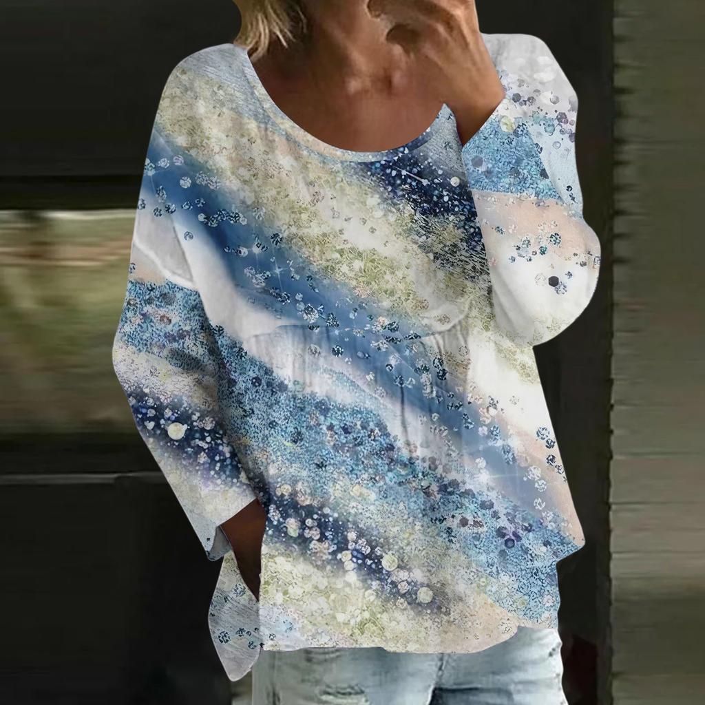 Women's Casual Fashion Loose Round Neck Floral Print Long Sleeve Top