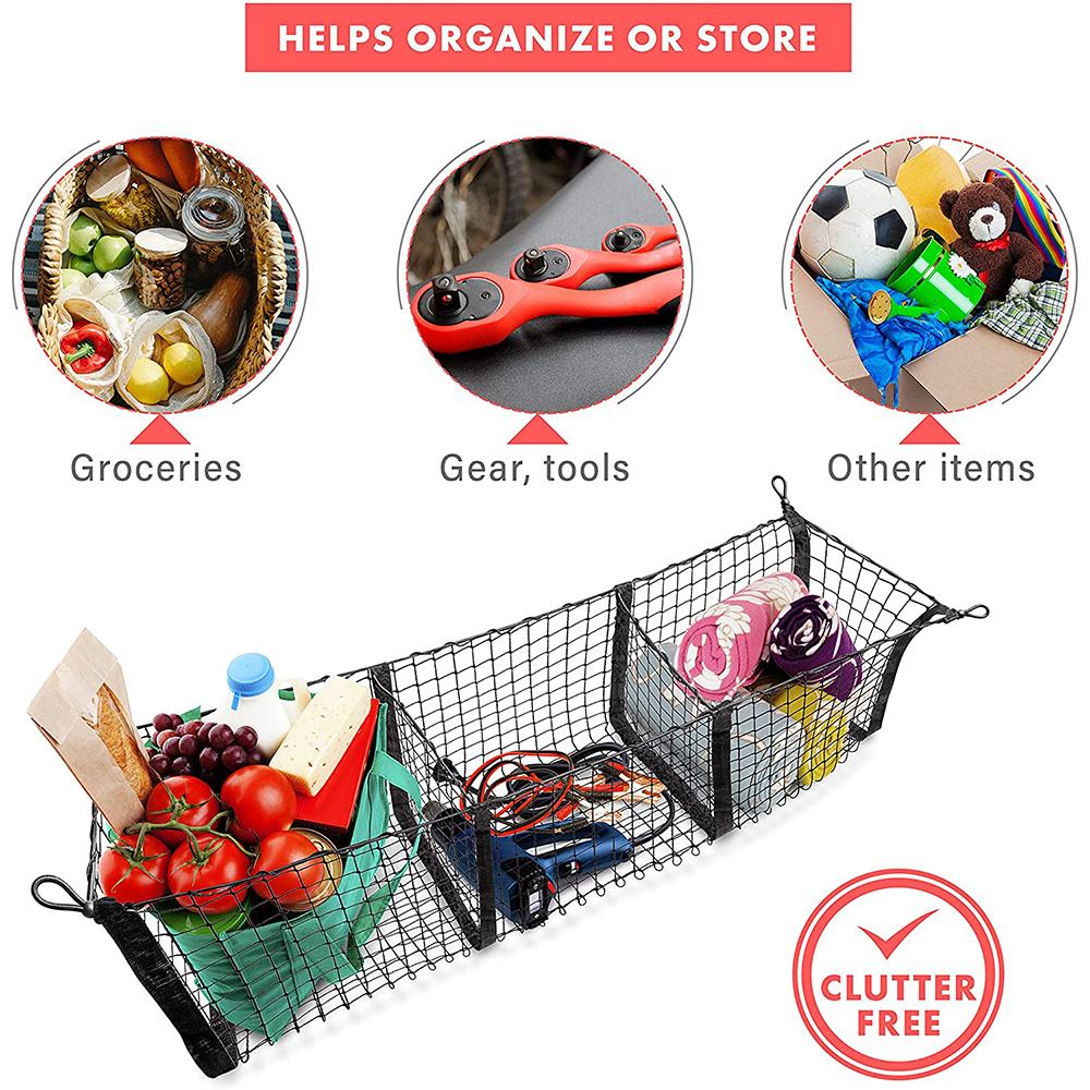 Three Pocket Cargo Net Mesh Storage Cargo Trunk Organizer Car SUV Pickup Truck Bed Black Net Auto Storage Organizer Trunk Net