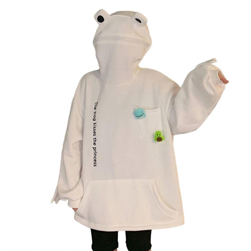 Унисекс Осень Зима Толстовка с капюшоном в форме лягушки с капюшоном на молнии Утолщенный плюш Теплый Вышитые буквы Большой карман Длинные рукава Пара Поездки на работу