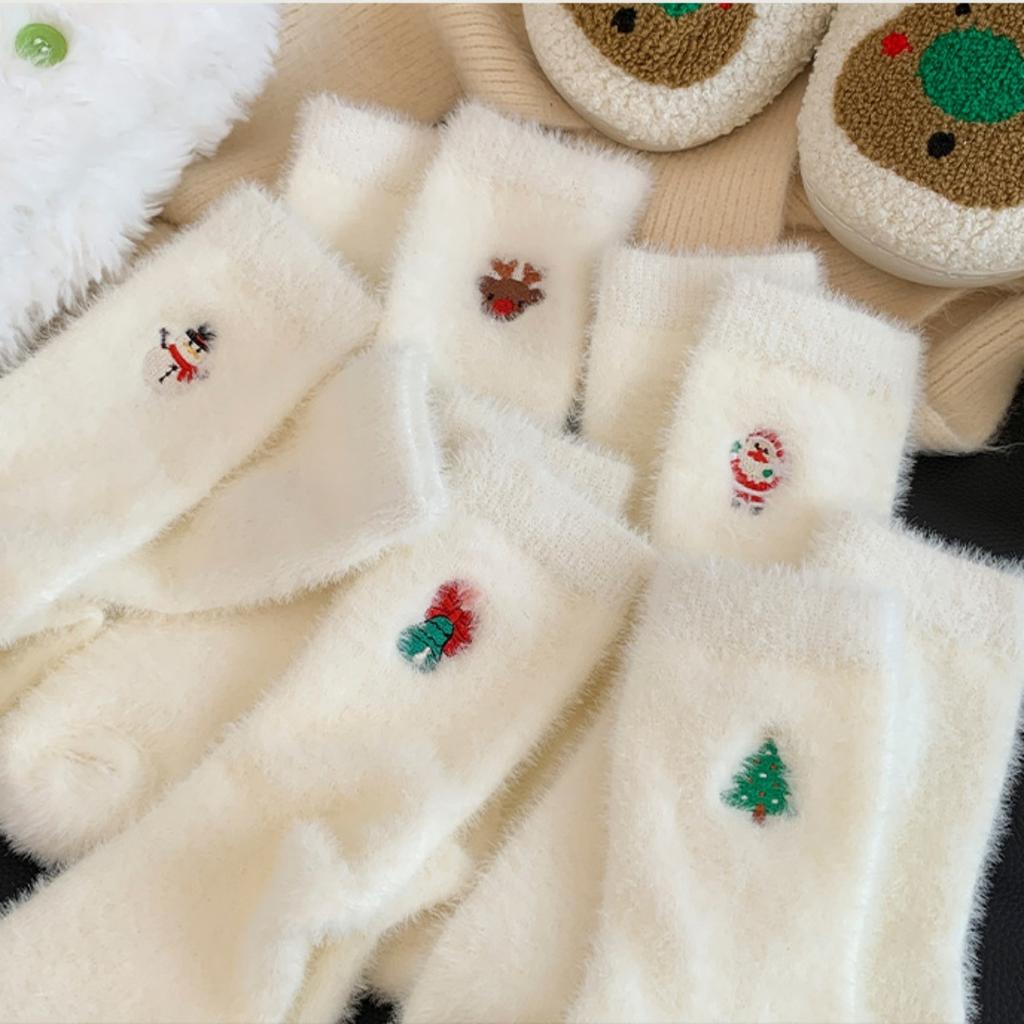 1Pair Christmas Pattern White Mink Fur Socks Women Winter Snowman Santa Claus Socks Soft Fleece Plush Warm Home Sleep Boot Socks