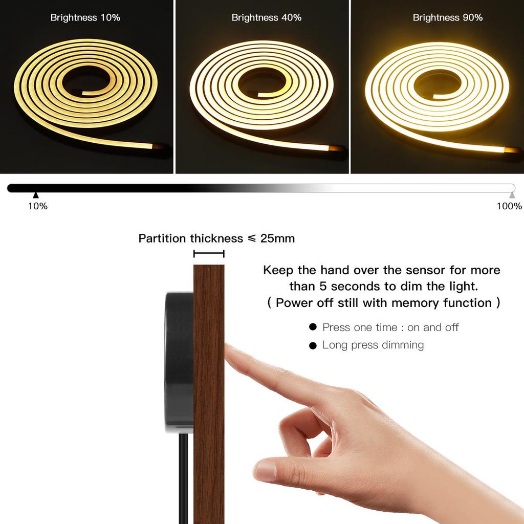 DC24V Black Silicone Tube LED Neon Light Strip With Penetrable Wood Wireless Touch Dimmer Switch DIY Kitchen Cabinet Night Lamp