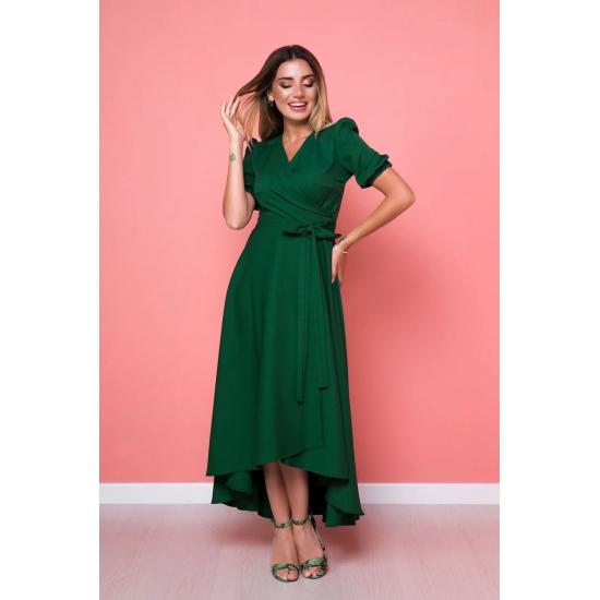 Женское расклешенное платье асимметричного кроя с поясом и двубортным воротником длины миди