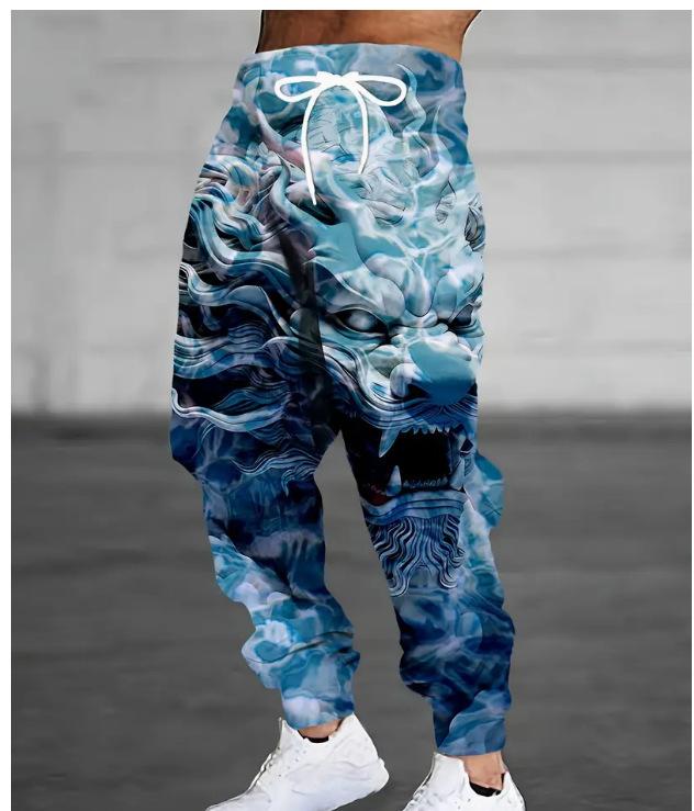 Мужские брюки-джоггеры с принтом белого и серого китайского дракона, уличная повседневная одежда