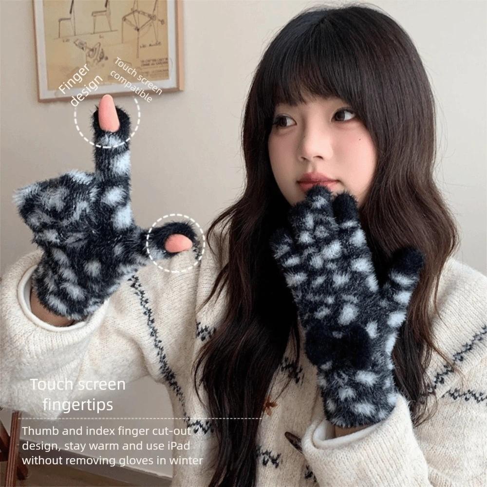Keep Warm Five Finger Gloves Leopard Print Winter Mittens New Bow Gloves Women