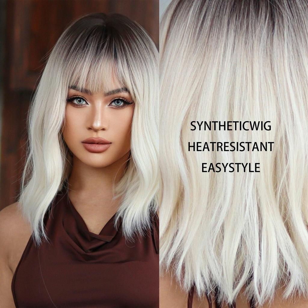 ALAN EATON Ombre Platinum Blonde Bob Wig Короткие вьющиеся синтетические парики с челкой для белых женщин Косплей Ежедневное использование Вечерние накладные волосы