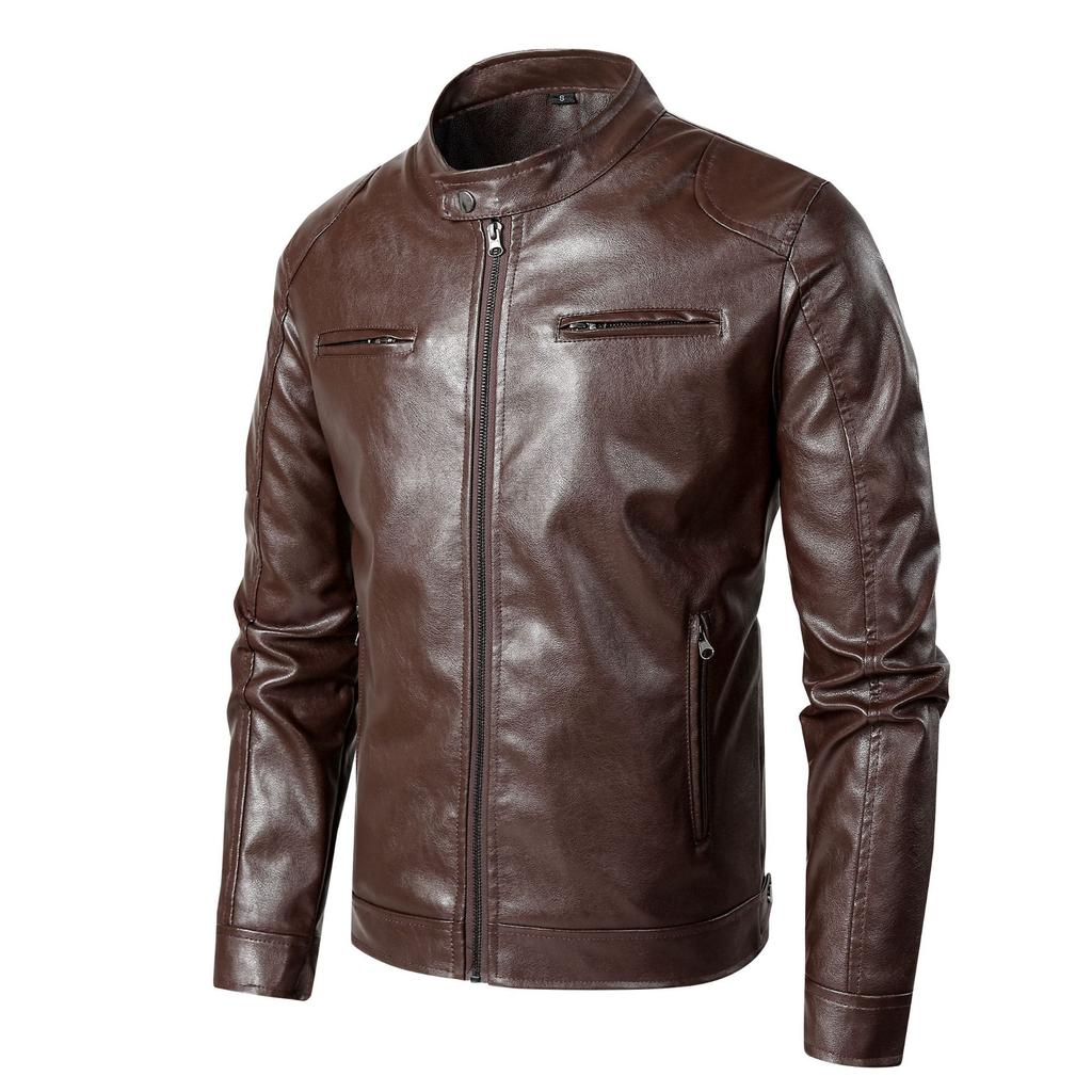 Leather Jacket Men's Stand Collar Trend Spring and Autumn New Leather Jacket Handsome Motorcycle Suit Green Large Size Jacket