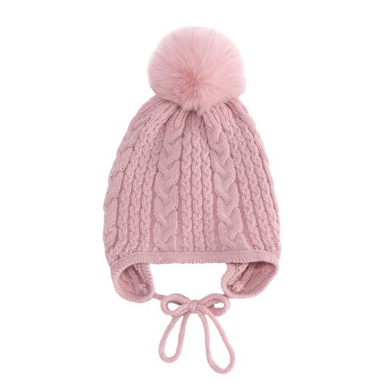 Children Hat Plush Ball Decor Twist Texture Lace-up Knitting Hat Solid Color Design Breathable Warm Winter Hat