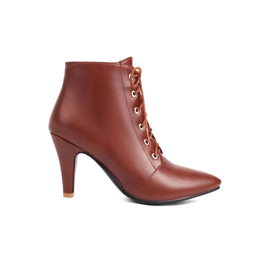 Весенние Коричневые Абрикосовые Женские Ботильоны с Острым Носком на Шнуровке на Высоком Каблуке Маленький Большой Размер 33 47