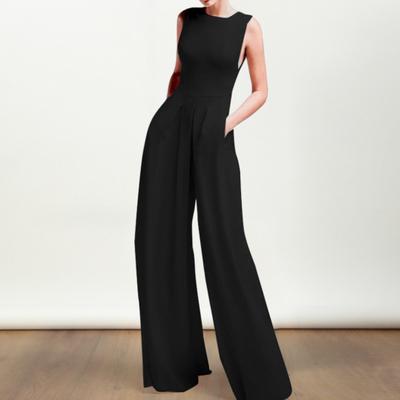 Женский комбинезон без рукавов, однотонный, с широкими штанинами и круглым вырезом, облегающий, с карманами с высокой талией, мягкий формальный OL, коммутирующий стиль, летний комбинезон полной длины