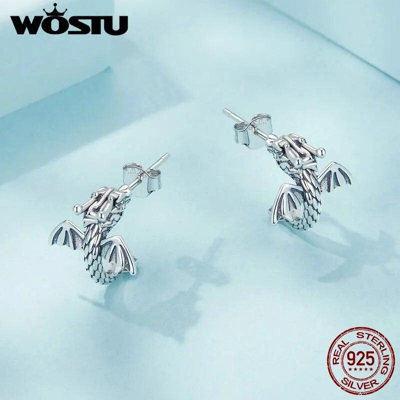WOSTU 925 Sterling Silver Flying Dragon Stud Earrings Oxidized Silver Vintage Ear Studs Fine Jewelry For Women Girl Party Gift