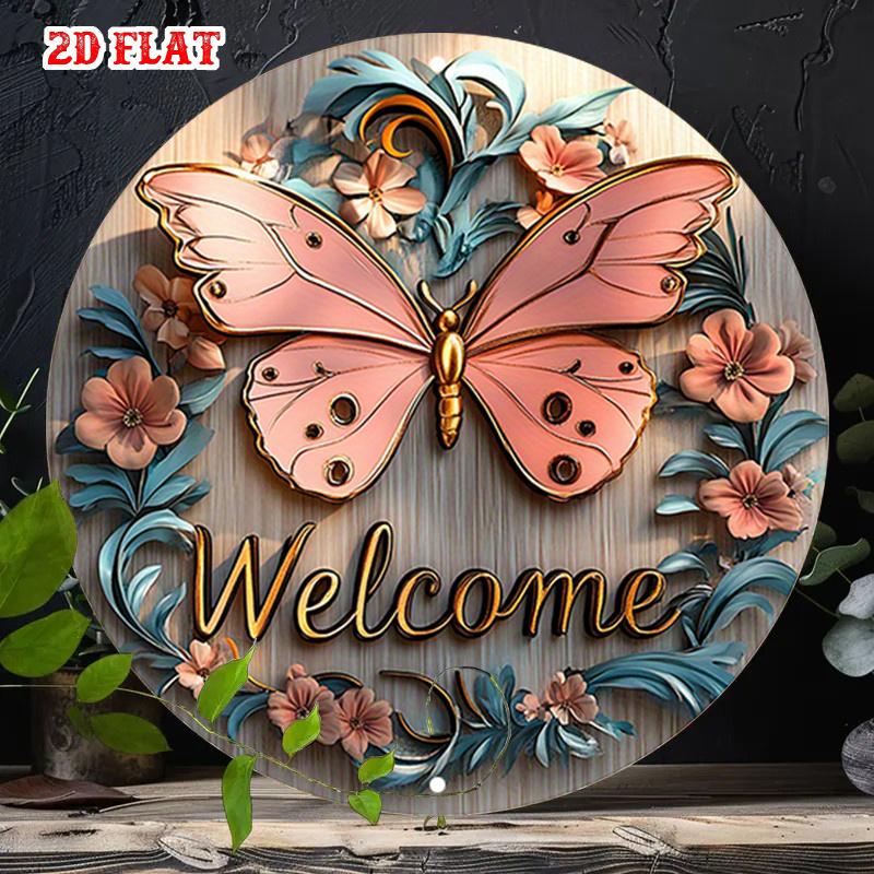 D Flat A Single D Flat SpringThemed Round Aluminum Sign Featuring a Butterfly Design Perfect for Rustic Wall Decoration T
