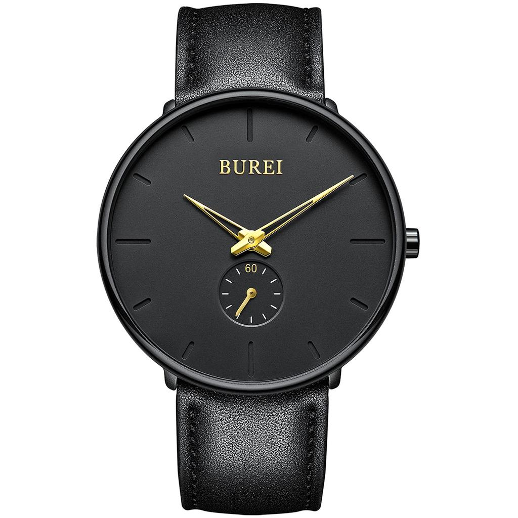 BUREI Men's Black Watch, Simple, Stylish, Popular, Waterproof, Designer Watch (Black-Gold, Leather)