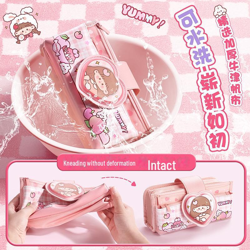 Многослойный пенал с откидной крышкой и рисунком медведя Каба для девочек — большая вместимость, симпатичный дизайн для учеников начальной школы.