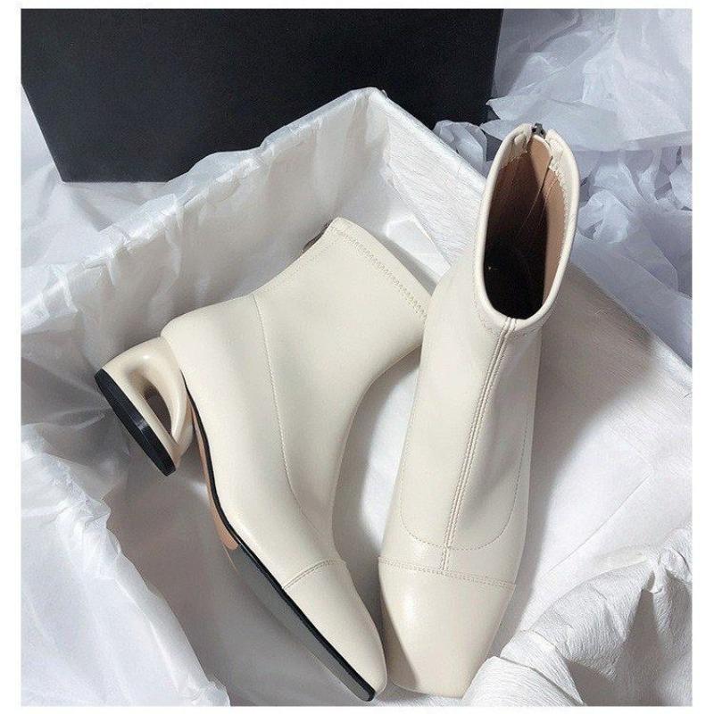 Fashion Square Toe Chunky Heel Back Zip Mid Heel Elegant Temperament Cut-out Special-shaped Heel Fashion Skinny Women's Boots