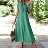 Women's Fashion V-Neck Short Sleeve Solid Color Zipper Casual Vacation Long Dress Cotton Linen Dresses
